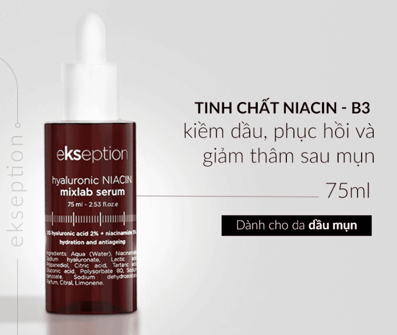 Serum Ekseption Hyaluronic Niacin là sản phẩm phù hợp cho những ai cần cải thiện đồng thời độ ẩm, độ sáng và tình trạng mụn