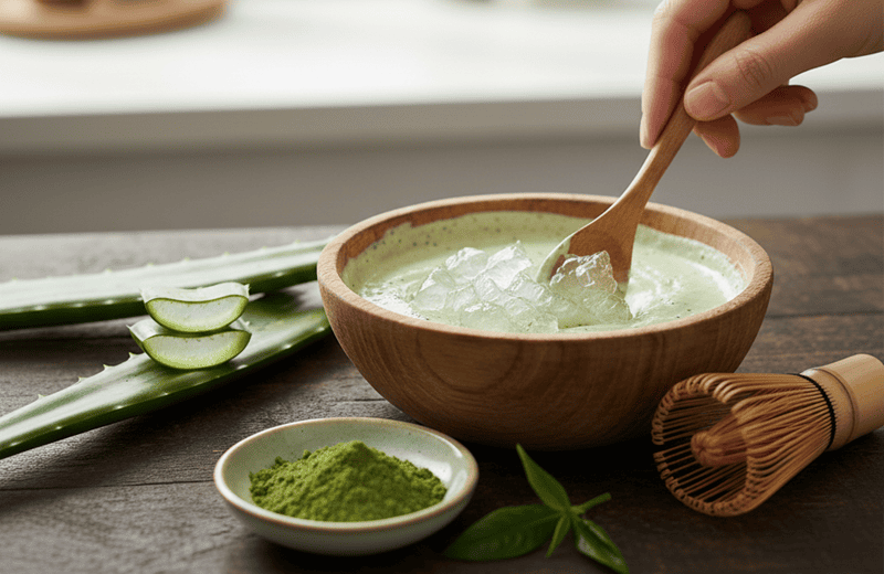 Mặt nạ trà xanh & nha đam (Làm dịu và phục hồi da)