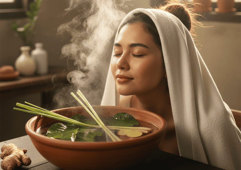 Công thức 3: Hấp hơi da mặt bằng lá trầu không/sả