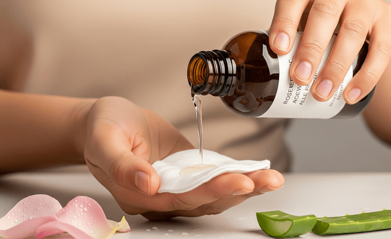 Dùng như toner: Sau bước rửa mặt, thấm nước hoa hồng nha đam ra bông tẩy trang hoặc vỗ trực tiếp lên mặt để cân bằng và cấp ẩm.