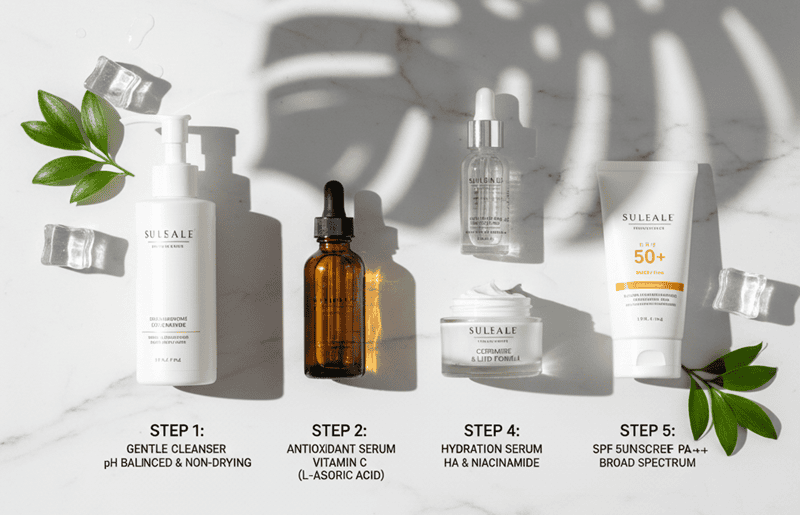 Quy trình ban ngày: Tập trung vào dưỡng ẩm + chống oxy hóa + chống nắng