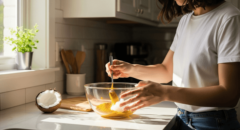 Kết hợp cùng dầu dừa sẽ giúp làm dịu da, mờ vết thâm và thúc đẩy quá trình tái tạo da mới