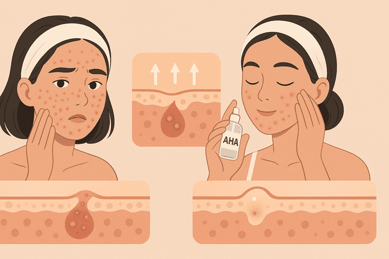 AHA có thể đẩy mụn, nhưng không phải theo cách gây ra mụn mới một cách trực tiếp