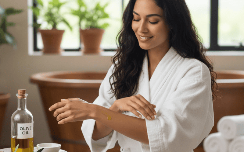 Không chỉ có tác dụng trên da mặt, dầu oliu dưỡng thể cũng rất hiệu quả trong việc làm mềm và phục hồi làn da khô