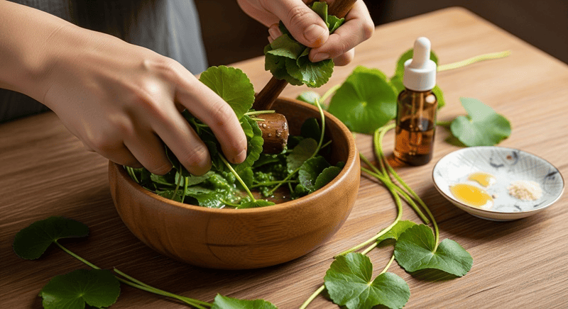 Bạn có thể dùng cối và chày để giã nát rau má để lấy phần nước cốt