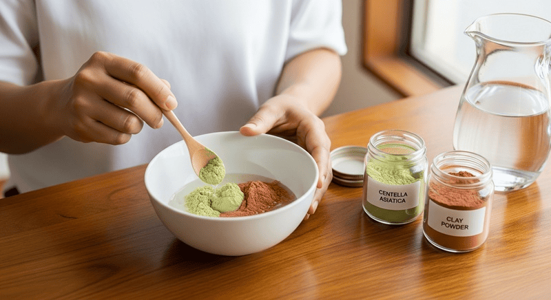 Trộn đều bột rau má và bột đất sét trong một chiếc bát sạch