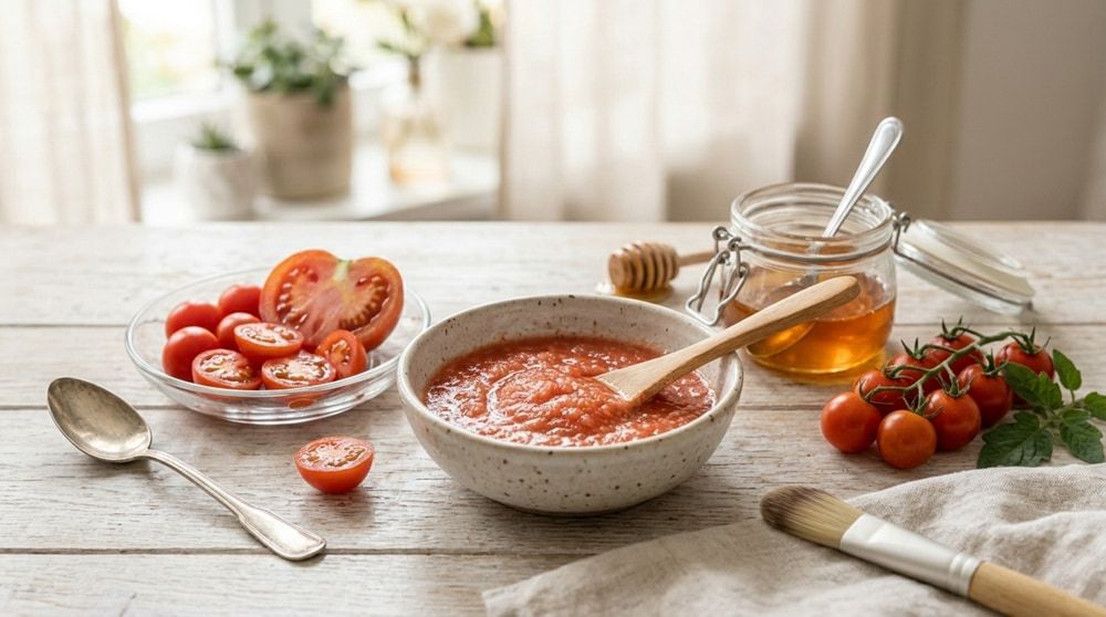 Xay nhuyễn nửa quả cà chua chín, trộn thêm 1 thìa mật ong rừng