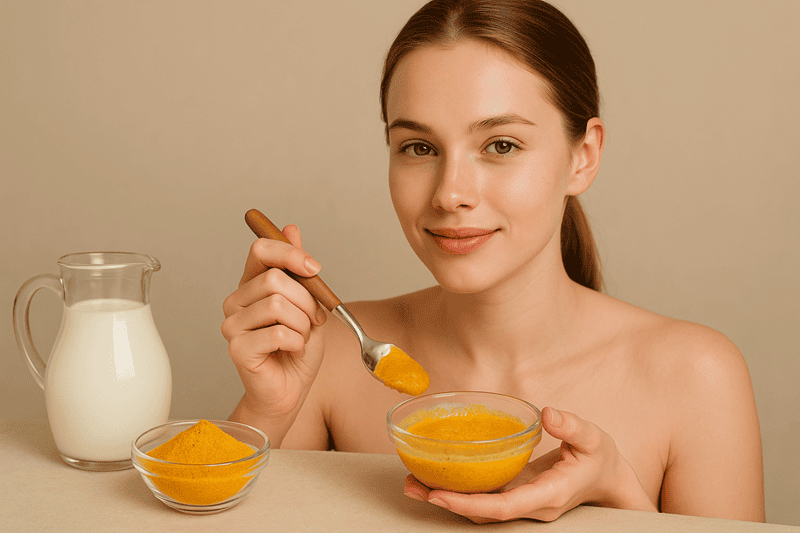 Trộn đều sữa không đường và bột nghệ trong một bát nhỏ cho đến khi tạo thành hỗn hợp sệt