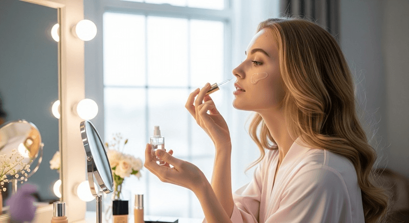 Chấm serum lên 5 điểm chính: trán, mũi, cằm và hai má