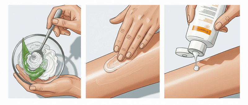 Sau khi lớp lót nha đam dầu dừa đã khô ráo, bạn tiếp tục thoa kem chống nắng như bình thường