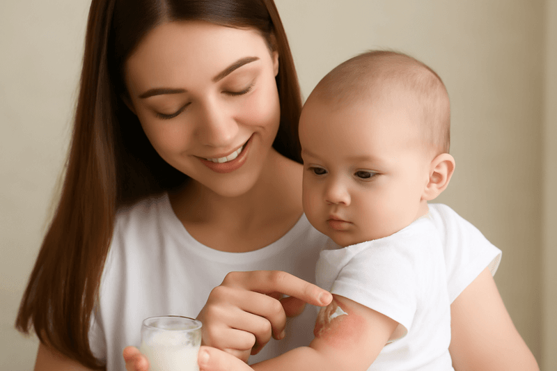 Nhẹ nhàng thoa đều lớp dầu dừa ấm lên vùng da bị chàm của bé