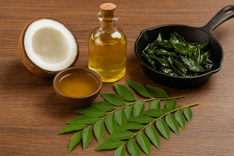 Lá cà ri kết hợp với dầu dừa sẽ có khả năng phục hồi hư tổn, hỗ trợ duy trì sắc tố tóc
