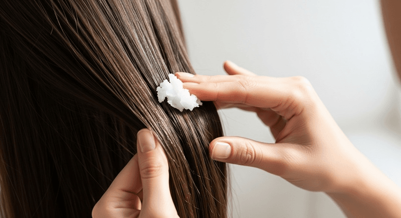 Nhẹ nhàng vuốt hai lòng bàn tay đã có dầu lên phần thân cùng ngọn tóc