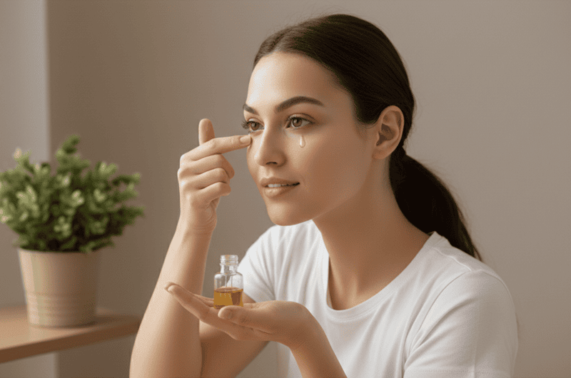 Dùng đầu ngón tay di chuyển nhẹ nhàng theo hình tròn quanh hốc mắt, tập trung ở vùng bọng mắt và đuôi mắt để hỗ trợ giảm sưng