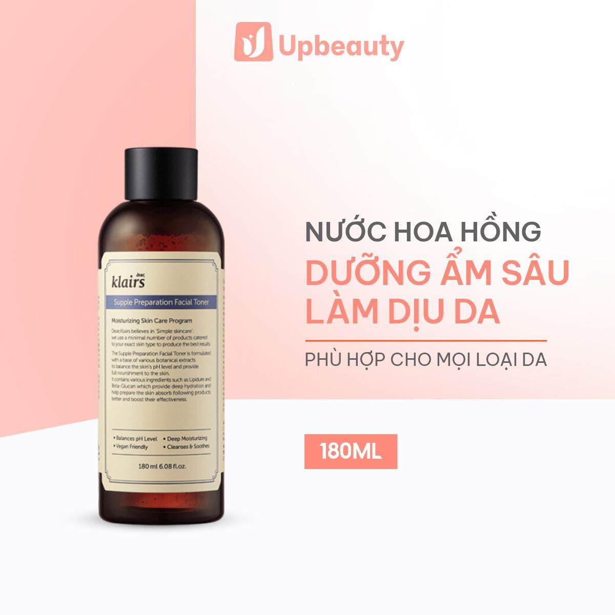 Nước hoa hồng Klairs Supple Preparation Facial Toner dịu nhẹ, cân bằng độ pH, dưỡng ẩm sâu 180ml