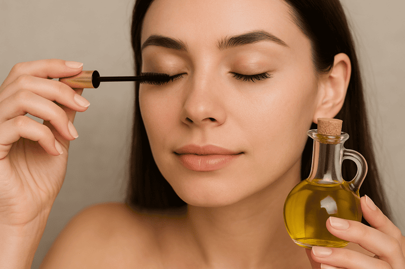 Thấm nhẹ tăm bông hoặc cọ vào dầu oliu, sau đó chải đều lên mi từ gốc đến ngọn, tránh để dầu rơi vào mắt
