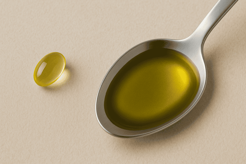 Chuẩn bị 1 muỗng cà phê dầu oliu Extra Virgin và 1 viên nang vitamin E, trộn đều đến khi tạo thành hỗn hợp đồng nhất