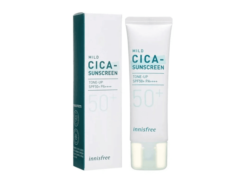 Innisfree Mild Cica-Sunscreen đáp ứng nhu cầu của người dùng muốn hiệu chỉnh sắc da, làm dịu vùng da mụn cùng lúc