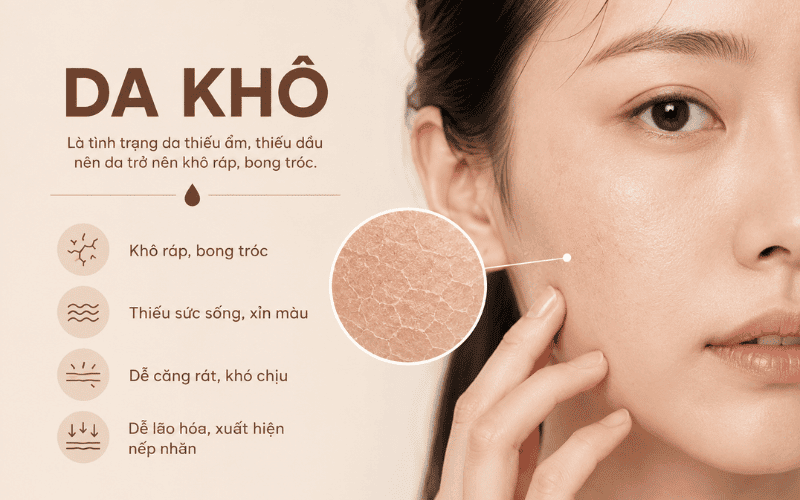 Da khô thường có cảm giác căng sau khi rửa mặt, dễ bong tróc ở vùng má hoặc quanh mũi, đặc biệt rõ vào thời tiết hanh khô