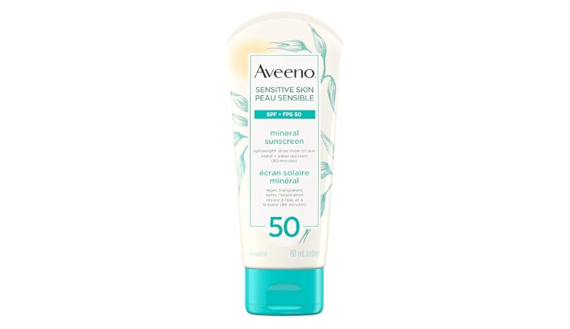 Aveeno Positively Mineral Sensitive Skin Sunscreen SPF 50 không chứa hương liệu, dầu khoáng, paraben hay chất gây kích ứng