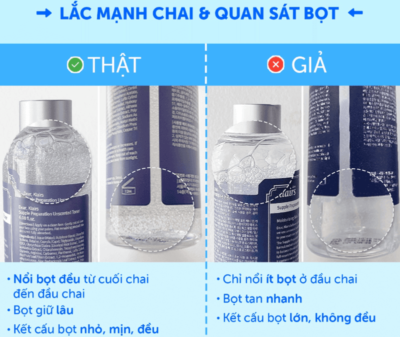 Với Toner Klairs Supple Preparation, hàng thật có kết cấu sánh nhẹ, trong suốt