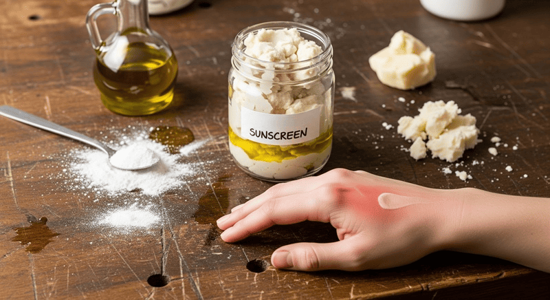 Khác với sản phẩm thương mại được nghiên cứu kỹ lưỡng, kem chống nắng tại nhà đôi khi có thể bị vón cục, quá đặc hoặc tạo lớp trắng bệch trên da