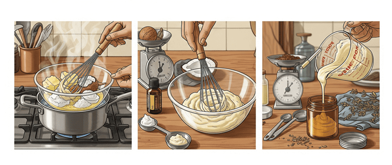 Từ từ rây bột Kẽm Oxit vào hỗn hợp dầu đã nguội bớt, sau đó thêm Vitamin E