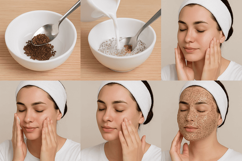 Đắp đều lớp mặt nạ gel hạt ngũ hoa và sữa tươi lên toàn bộ khuôn mặt