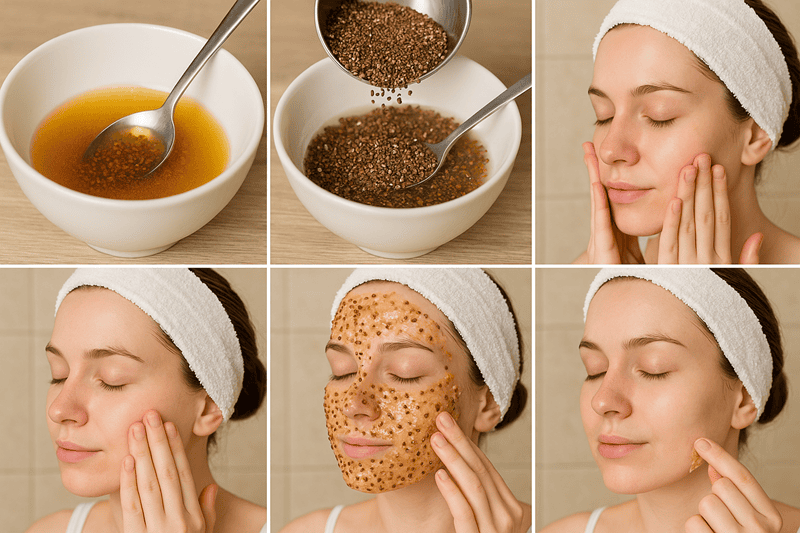 Dùng đầu ngón tay đều lớp mặt nạ gel mật ong và hạt ngũ hoa lên toàn bộ khuôn mặt, tập trung vào những vùng da có mụn hoặc khô sần, tránh vùng mắt và môi