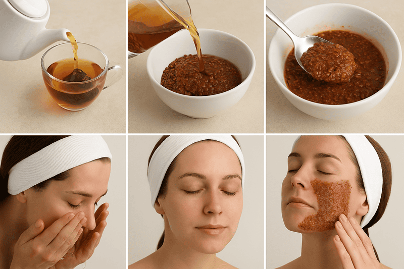 Từ từ thêm nước trà xanh đặc nguội vào, khuấy nhẹ và đều tay cho đến khi hạt ngũ hoa bắt đầu hút nước và kết dính với nhau