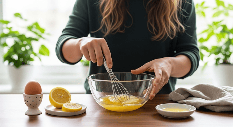 Dùng thìa hoặc dụng cụ đánh trứng trộn đều hỗn hợp cho đến khi lòng trắng trứng nổi bọt nhẹ