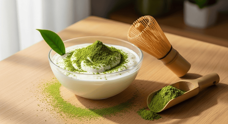 Cho bột trà xanh và sữa chua vào bát, khuấy đều cho đến khi hỗn hợp mịn và không còn vón cục