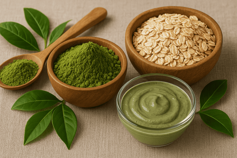 Trà xanh bảo vệ da khỏi các gốc tự do, còn yến mạch cấp ẩm và tăng độ đàn hồi, cải thiện rõ rệt độ mịn màng của da