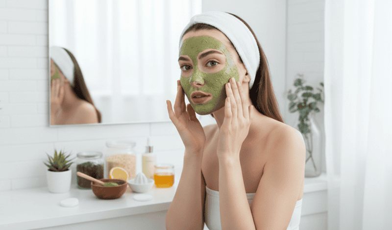 Thoa đều hỗn hợp mặt nạ trà xanh yến mạch và chanh lên vùng da dầu mụn trên khuôn mặt, tránh vùng mắt và môi