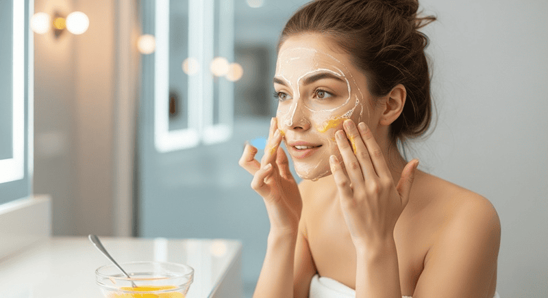 Dùng cọ hoặc ngón tay sạch thoa đều hỗn hợp mặt nạ lên khắp mặt và cổ, tránh vùng mắt và môi