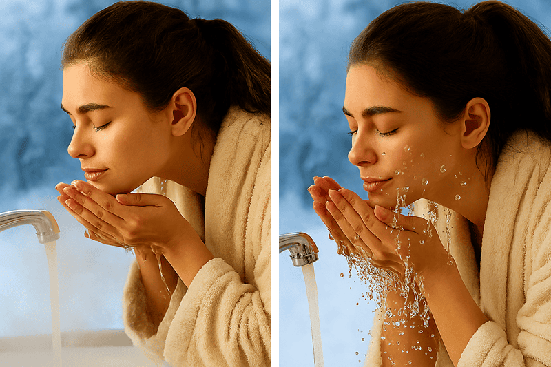 Dùng nước ấm để làm sạch sâu và mở lỗ chân lông, sau đó rửa lại bằng nước mát để se khít, giúp da săn chắc hơn