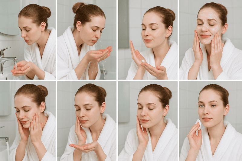 Bạn thoa lớp bọt lên khắp mặt rồi nhẹ nhàng massage theo chuyển động tròn từ trong ra ngoài, từ dưới lên trên