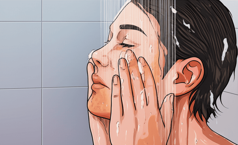 Việc xối thẳng dòng nước mạnh từ vòi sen lên mặt có thể gây tác động vật lý tiêu cực cho da