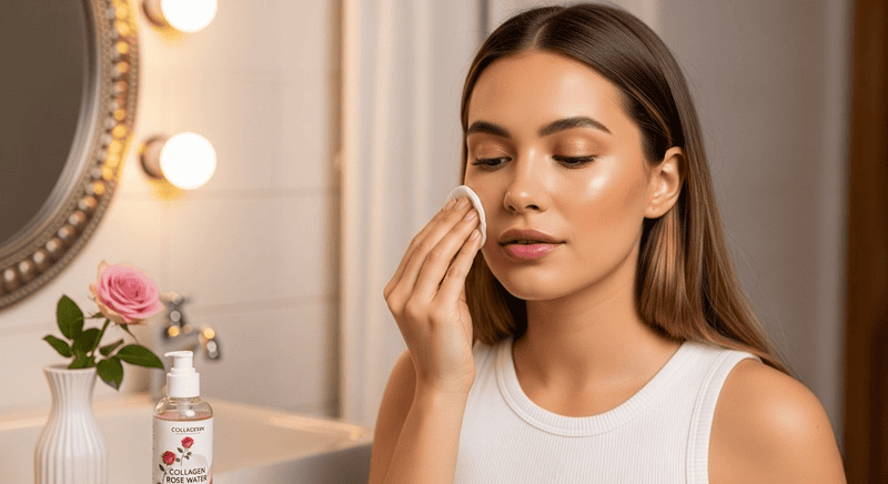 Nước hoa hồng collagen nên được sử dụng ngay sau bước làm sạch da mặt