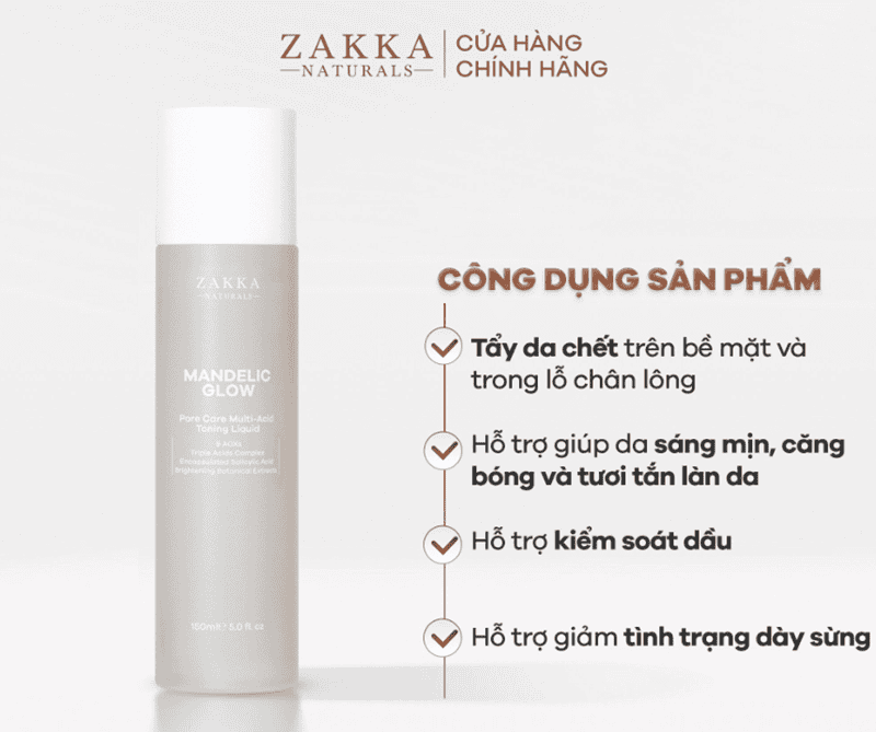 Toner AHA, BHA Mandelic Glow Zakka Naturals chính là một công thức tẩy da chết dịu nhẹ nhưng mạnh mẽ, thúc đẩy quá trình tái tạo da nhanh chóng hơn cho người dùng