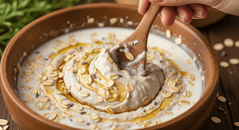 Trộn 2 thìa cà phê yến mạch cán dẹt (hoặc bột yến mạch) với khoảng 3 - 4 thìa cà phê sữa tươi không đường