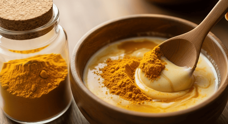 Trộn 1 - 2 thìa cà phê tinh bột nghệ nguyên chất với 2 - 3 thìa cà phê sữa tươi không đường hoặc mật ong để tạo thành hỗn hợp sệt