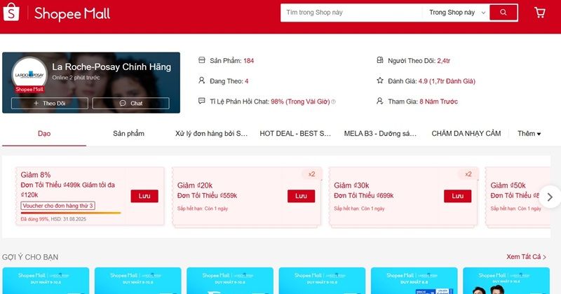 La Roche-Posay Official Store là gian hàng chuyên dược mỹ phẩm Pháp dành cho da nhạy cảm trên sàn Shopee