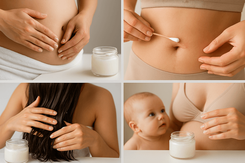 Việc sử dụng dầu dừa để bôi ngoài là phương pháp đơn giản và hiệu quả nhất để chăm sóc cơ thể sau sinh