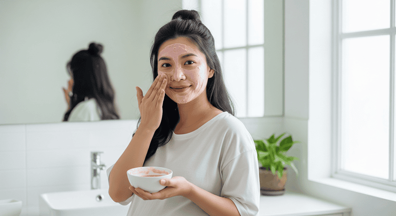 Làm ướt mặt, thoa hỗn hợp lên da rồi dùng các đầu ngón tay massage thật nhẹ nhàng theo chuyển động tròn trong khoảng 1 phút