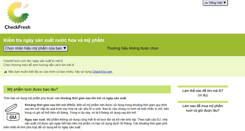 Checkfresh.com là một trang web quốc tế nổi tiếng, được tin dùng rộng rãi để kiểm tra ngày sản xuất của mỹ phẩm thông qua Batch Code